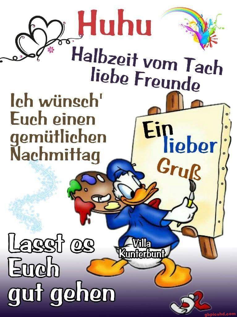 Donald Duck malt auf eine Leinwand und sendet herzliche Grüße für einen schönen Nachmittag.