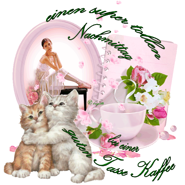 Zwei Katzen vor Spiegel mit Ballerina, Tasse Kaffee und Blumen, freundliche Nachmittagsstimmung.