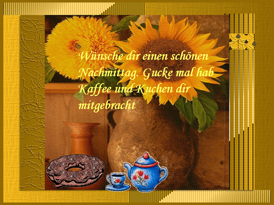 Gemütliches Stillleben mit Sonnenblumen, Kaffee, Kuchen und einer Teekanne für einen schönen Nachmittag.
