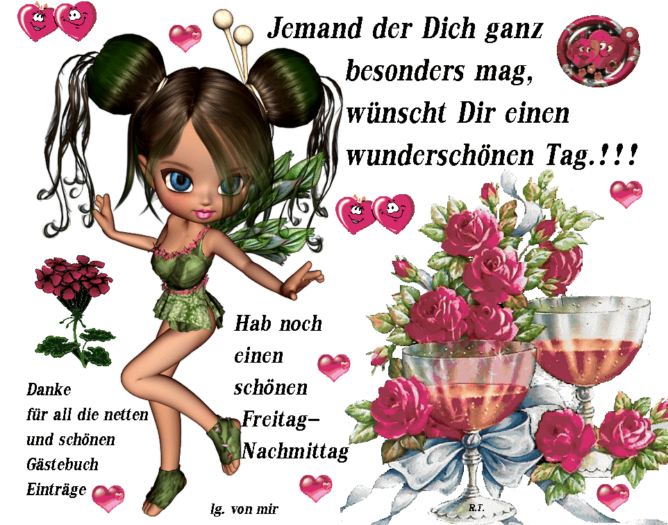 Animierte Fee mit Blumen, Herzen und Weingläsern, die einen schönen Tag und Freitagnachmittag wünscht.