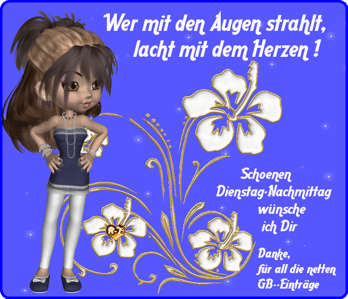 Animiertes Mädchen vor blauem Hintergrund mit weißen Blumen und freundlichem Dienstagsgruß.