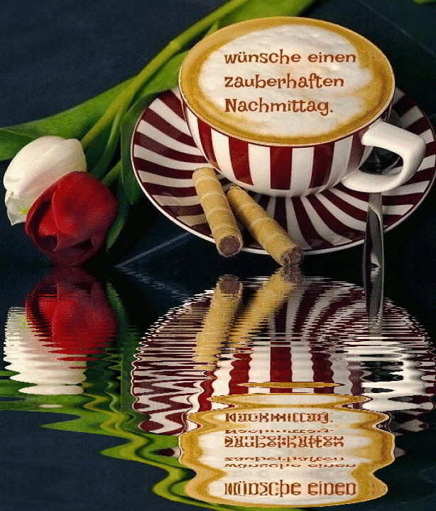 Kaffeetasse mit Nachmittagsgruß und Tulpen, Motiv für einen schönen Nachmittag.
