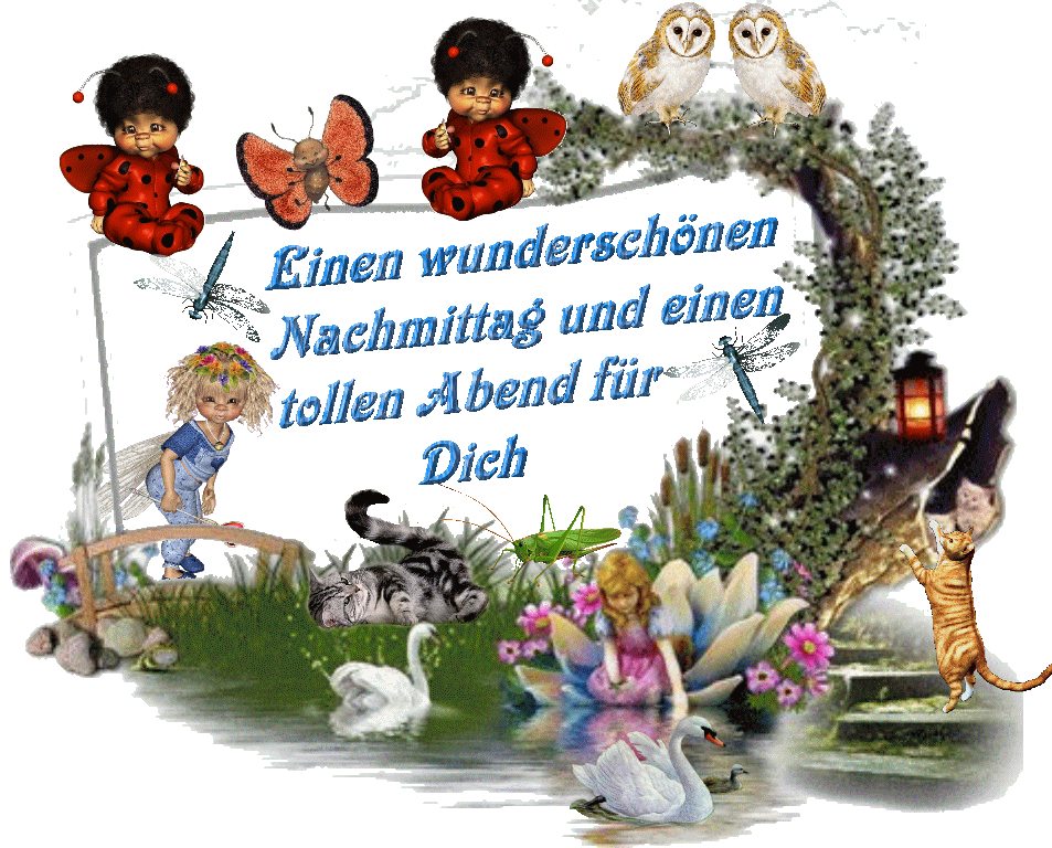 Kinderfiguren in einer fantasievollen Gartenszene mit Tieren und Blumen, Text mit Grüßen für den Nachmittag und Abend.