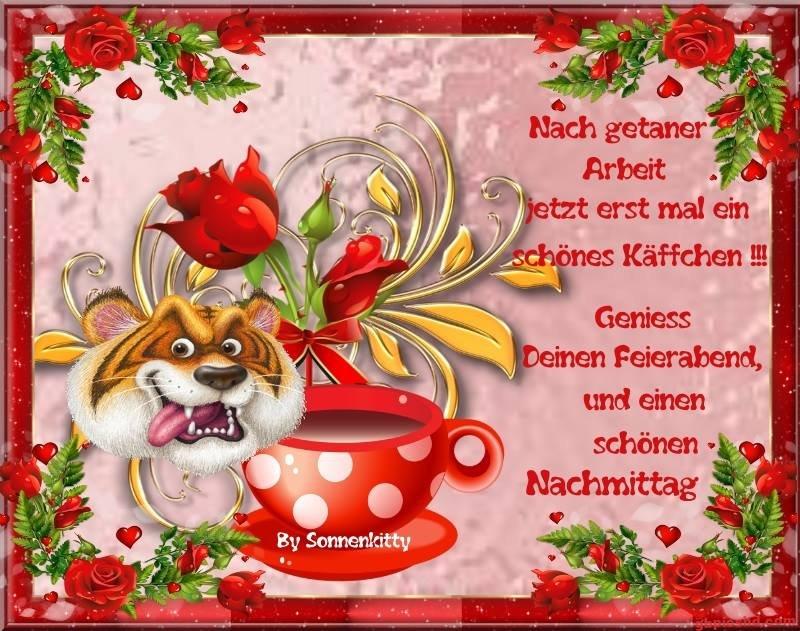 Lustige Grußkarte mit roter Kaffeetasse, Rosen und Tigerkopf zum Feierabend.