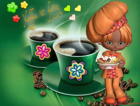 Zwei Kaffeetassen und eine kleine animierte Figur mit Kuchen auf grünem Hintergrund.