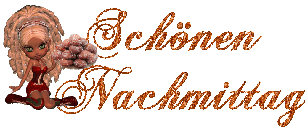 Glitzernder Schriftzug Schönen Nachmittag mit sitzender Cartoon-Figur in rotem Outfit.