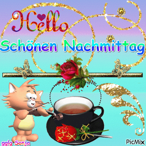 Cartoon-Kater mit Tasse Tee und Rosen, freundliche Nachmittagbegrüßung mit glitzernden Effekten.