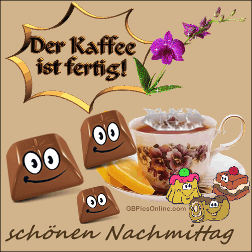Kaffeetasse mit Schokolade und freundlichen Gesichtern, Orchidee, Wunsch für einen schönen Nachmittag.