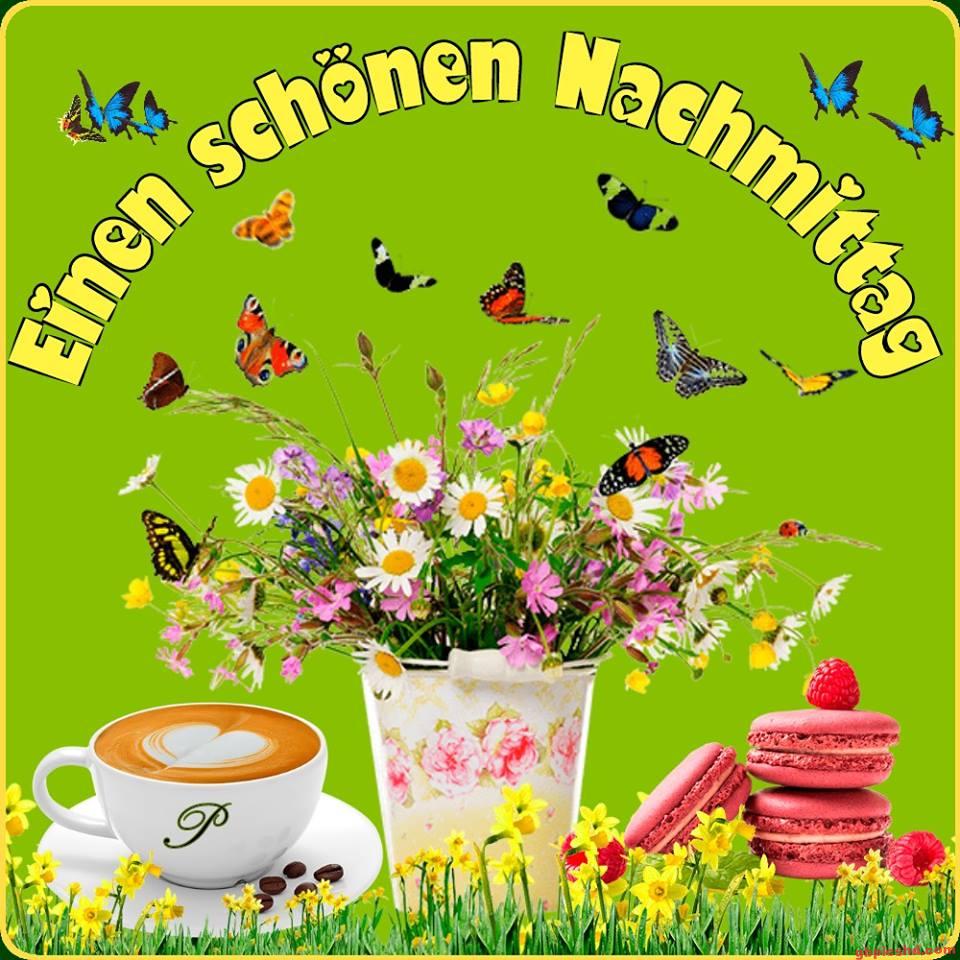 Blumenstrauß mit Schmetterlingen, Tasse Kaffee und Macarons für einen schönen Nachmittag.