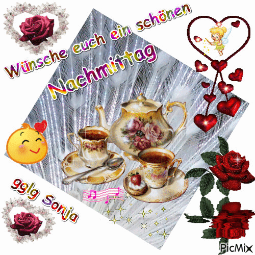 Grußkarte mit Tee, Rosen und Herzen, die einen schönen Nachmittag wünscht.