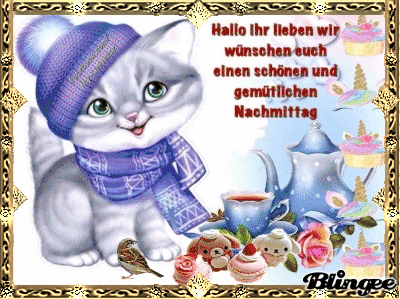 Niedliche Katze mit Wintermütze und Tee, wünscht einen schönen Nachmittag, bunt und freundlich.