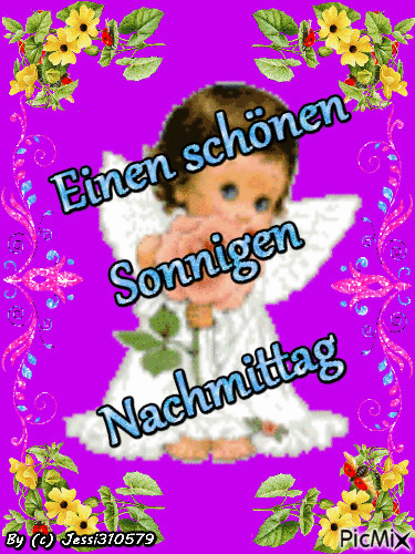 Kleiner Engel mit gelben Blumen unter glücklichem sonnigem Nachmittag-Gruß.