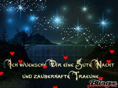 Nachtlandschaft mit Sternenhimmel und herzförmigen Motiven, die gute Nacht und süße Träume wünschen.