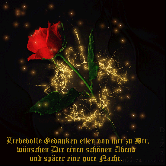 Rote Rose mit goldenem Glitzereffekt und Wunsch für einen schönen Abend und eine gute Nacht.