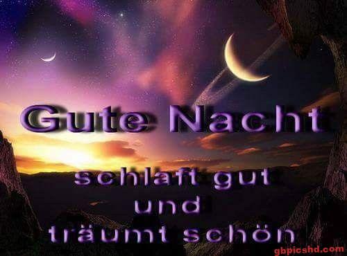 Nachthimmel mit Mond, Sternen und Gute-Nacht-Grüßen in deutscher Sprache.