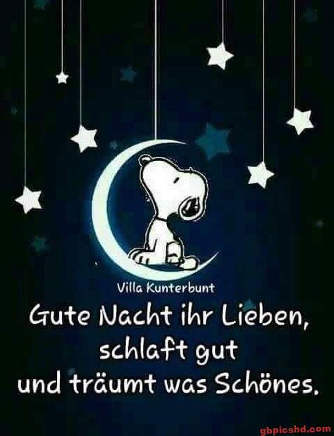 Snoopy auf Mond mit Sternen, Gute-Nacht-Grüße auf Deutsch.