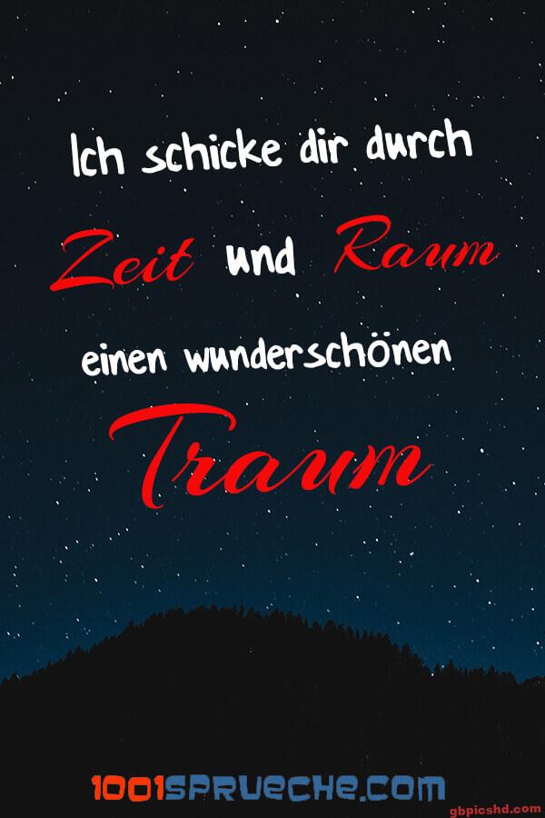 Nachthimmel mit Sternen über einem Wald, romantischer deutscher Spruch über Zeit und Traum