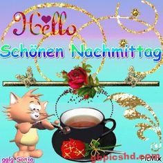 Katze mit Tasse und Rosen, Gruß für einen schönen Nachmittag