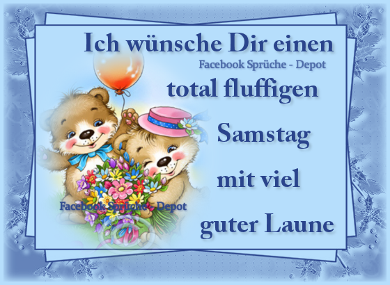 Zwei niedliche Bären mit Blumen und Luftballon wünschen einen fluffigen Samstag voller guter Laune.