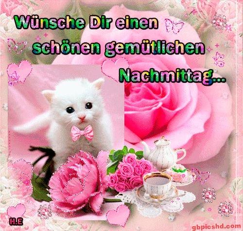 Weiße Katze mit Schleife, rosa Rosen und Tee, gemütlicher Nachmittag in pastellfarbenem Design.