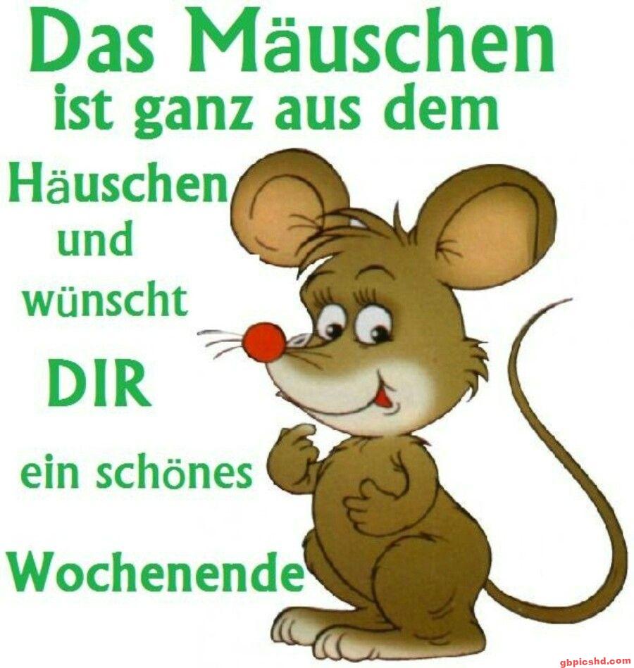 Lustiges braunes Mäuschen wünscht ein schönes Wochenende mit grünem Text