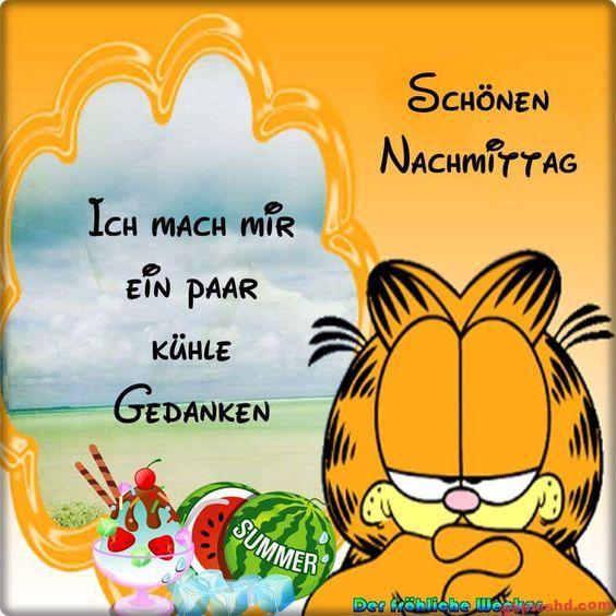 Garfield grüßt zum schönen Nachmittag mit sommerlichen Motiven und Strand im Hintergrund.