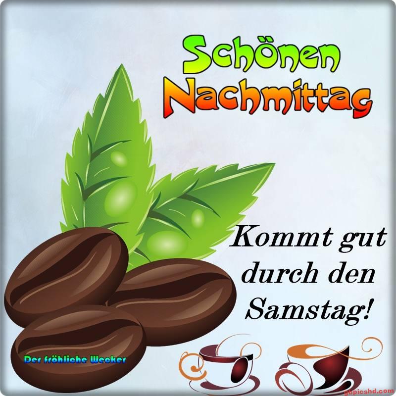 Illustration von Kaffeebohnen, grünen Blättern und zwei Kaffeetassen mit einem guten Samstagsnachmittagswunsch.