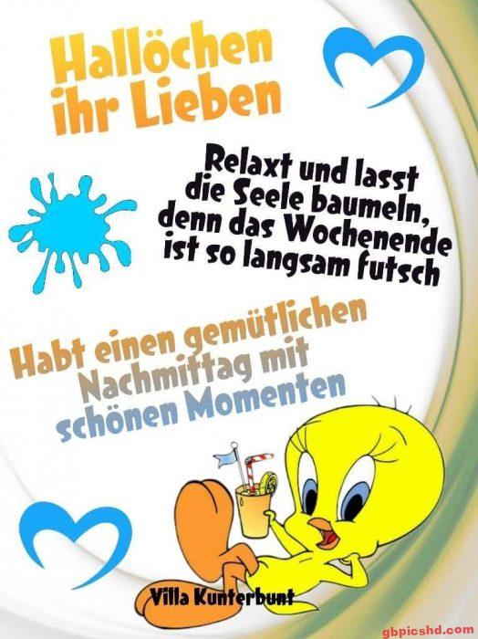 Fröhliche Grußkarte mit Tweety und Text für einen gemütlichen Nachmittag am Wochenende.