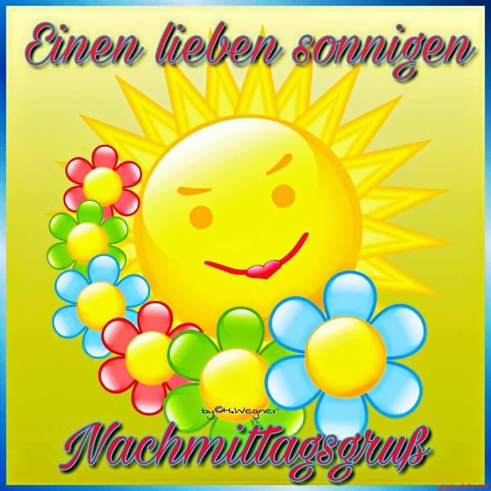 Lächelnde gelbe Sonne mit bunten Blumen und Sonnenschein als Nachmittagsgruß.