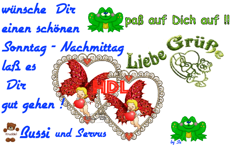 Bunte Sonntagnachmittags-Grußkarte mit Frosch, Engeln und Herzen, die Liebe Grüße sendet.