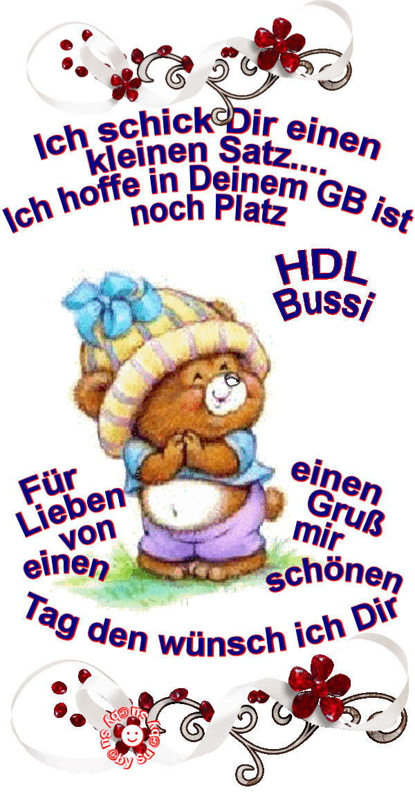 Niedlicher Bär mit bunter Mütze und Grußtext vor rotem Hintergrund, vermittelt eine liebevolle Botschaft.
