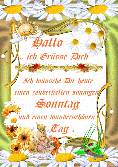 Fröhlicher Sonntagsgruß mit Blumen, Sonne und spielendem Kind in warmen Farben.