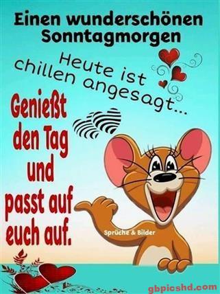 Fröhliche Comic-Maus wünscht einen wunderschönen Sonntagmorgen zum Chillen und Genießen.
