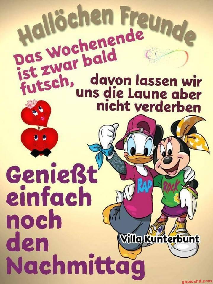 Fröhliche Grußkarte mit Donald Duck und Minnie Mouse, die gute Laune fürs Wochenende macht.
