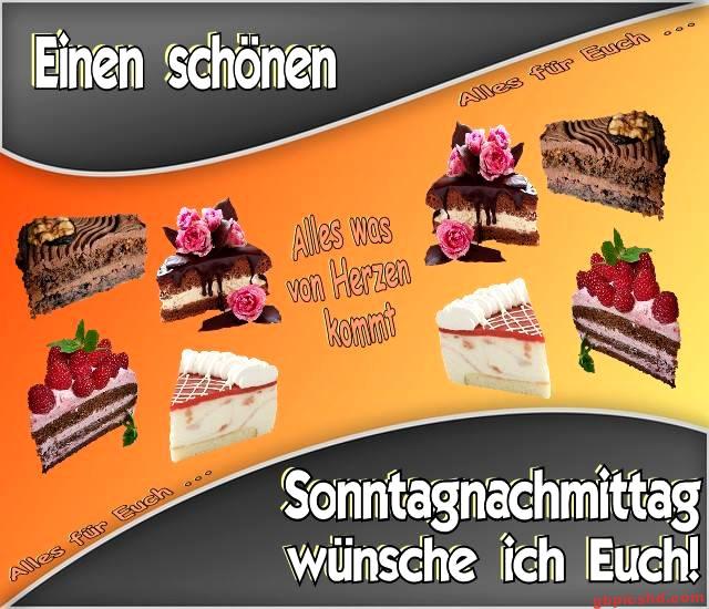 Grußkarte mit Kuchenstücken und Sonntagnachmittagswunsch in deutscher Sprache.
