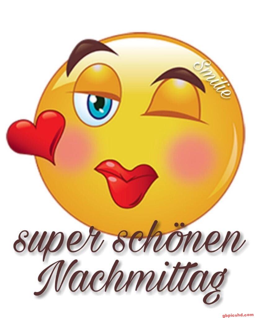 Winkendes Smiley mit Liebeskuss als Gruß für einen schönen Nachmittag.