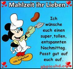 Minnie Maus als Köchin mit einem Messer und Würstchen, dazu ein herzlicher Nachmittagsgruß.