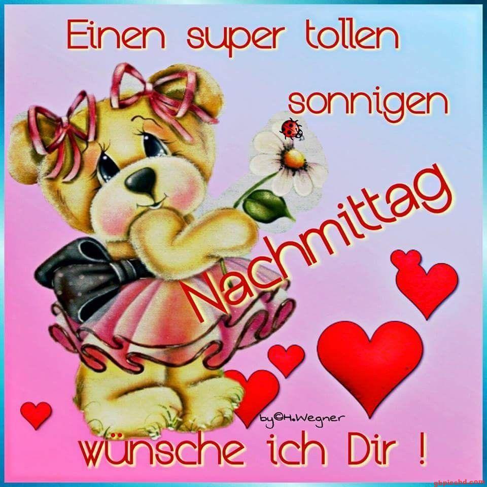 Ein süßer Teddybär wünscht einen sonnigen Nachmittag mit Blume und Herzen.