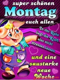 Bunte Grußkarte mit fröhlichem Schwein und motivierendem Text für einen guten Wochenstart am Montag.