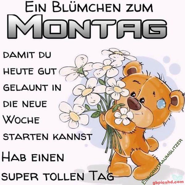 Fröhlicher Teddybär mit Blumenstrauß zum Wochenstart am Montag
