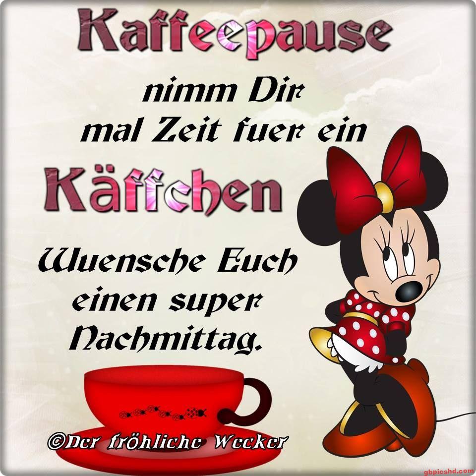 Gruß zur Kaffeepause mit einer roten Tasse und Minnie Maus, freundliche Nachmittagswünsche.
