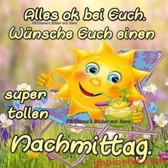 Fröhliche Sonne mit Drink und Blumenwiese, wünscht einen schönen Nachmittag.