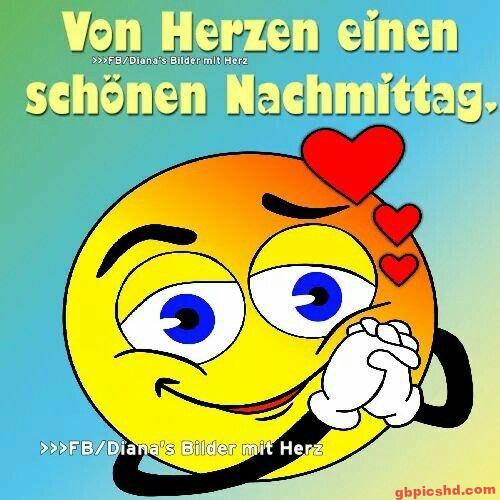 Fröhliches gelbes Smiley mit roten Herzen wünscht einen schönen Nachmittag.