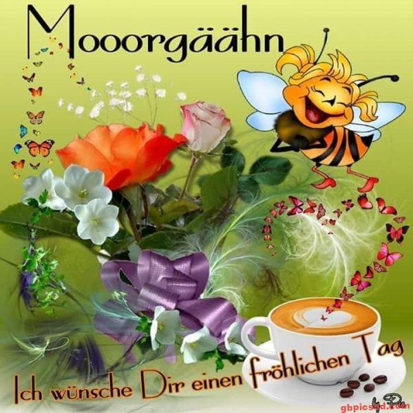 Bunte Blumen, eine fröhliche Biene, Kaffee und Schmetterlinge als Morgengrüße.