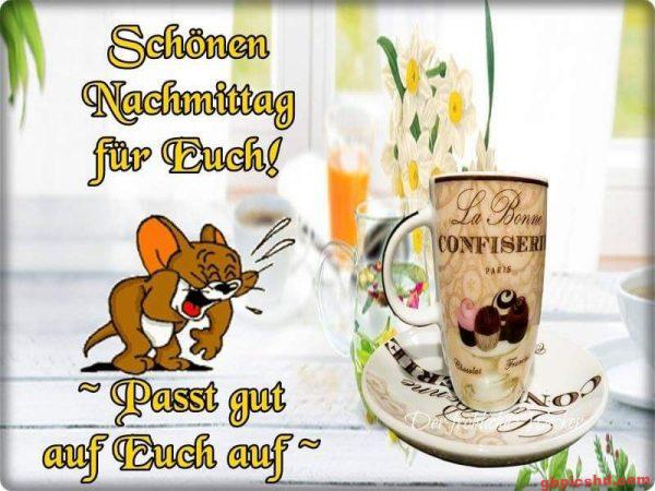 Grußkarte mit Jerry und einer Tasse, die einen schönen Nachmittag wünscht.