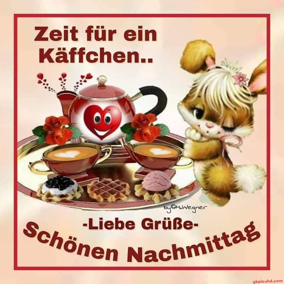 Niedliches Häschen neben Kaffeetassen und Waffeln mit Text für einen schönen Nachmittag