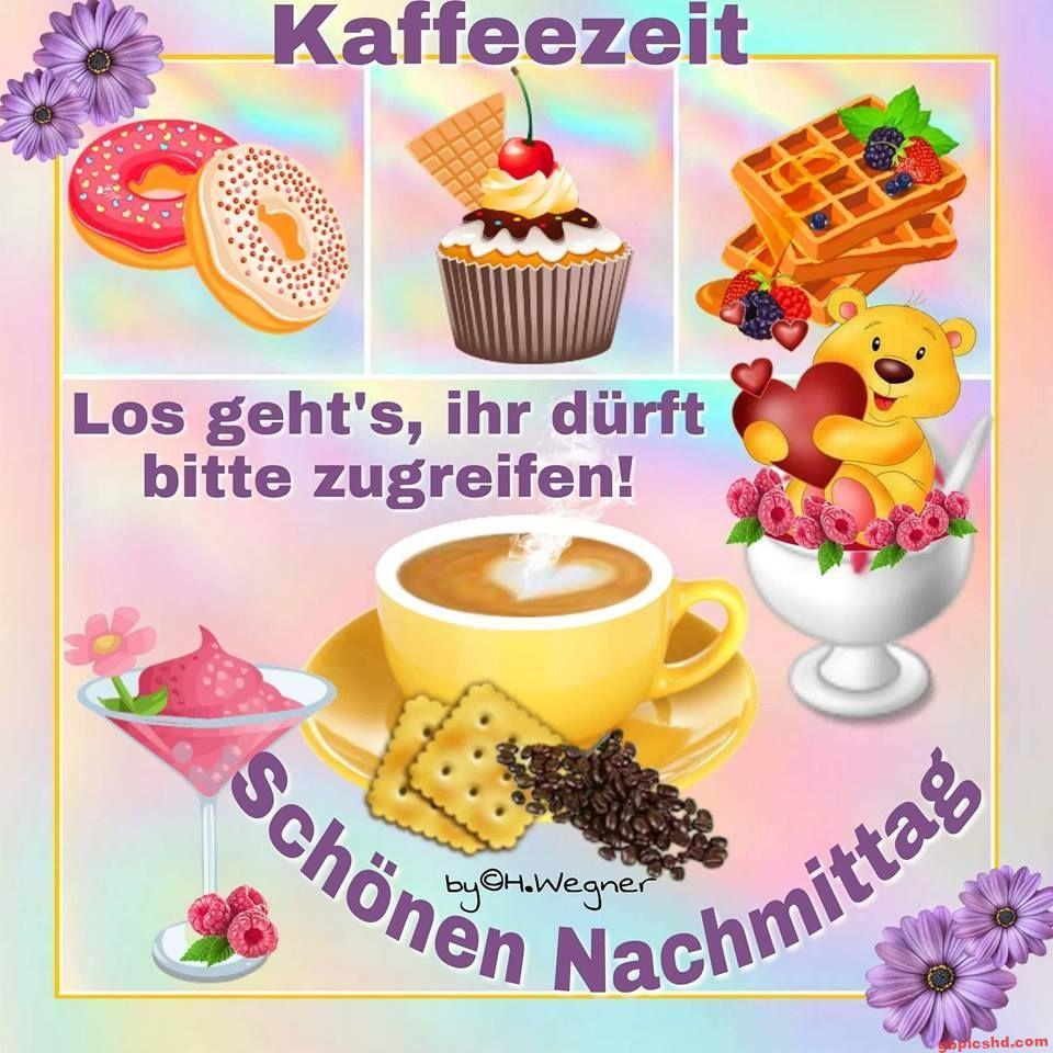 Illustration einer Kaffeetasse mit Keksen, Gebäck, Blumen und einem Bären, dazu ein Wunsch für einen schönen Nachmittag.