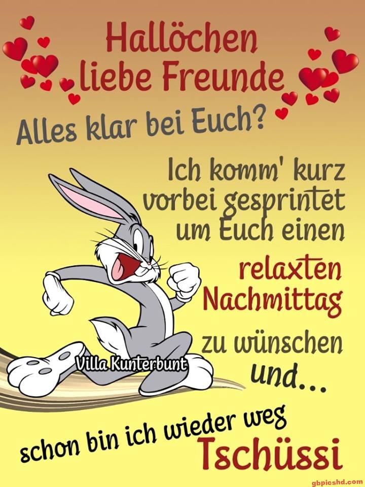Bugs Bunny läuft fröhlich vorbei und wünscht einen relaxten Nachmittag, umgeben von Herzen.