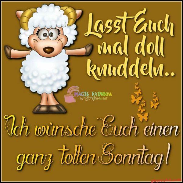 Cartoon-Schaf mit Armen geöffnet und Sonntagsgruß in fröhlicher Schrift, brauner Hintergrund.