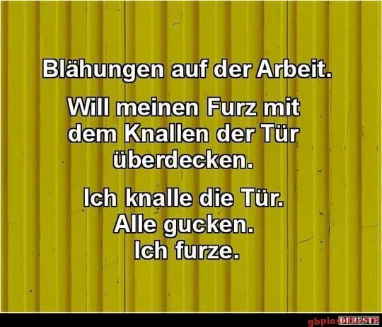 Gelber Hintergrund mit weißem Text über Blähungen am Arbeitsplatz.